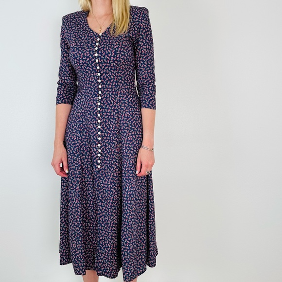 Vintage Paris Sport Club Dress Pearl Buttons Front Padded Shoulders Floral Boho - Picture 8 of 12